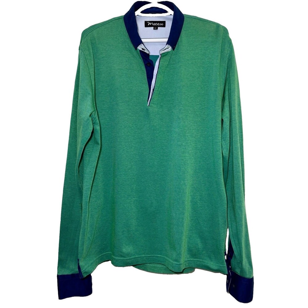Maceoo Mens Large Green Mercerized Cotton Long Sleeve Polo Shirt Blue Trim